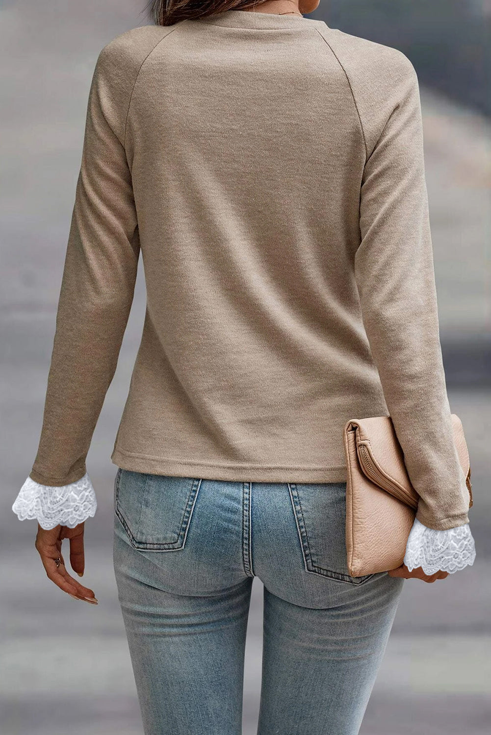 PRE-ORDER: Seam Detail Lace Contrast Cuffs Raglan Sleeve Top