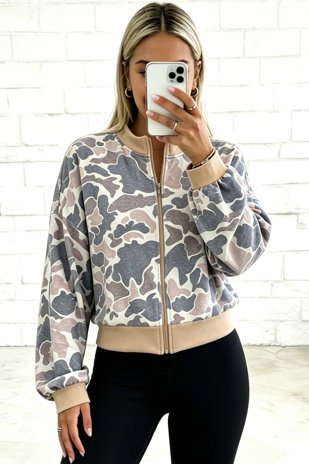 PRE-ORDER: Camouflage Color Block Trim Zip Bomber