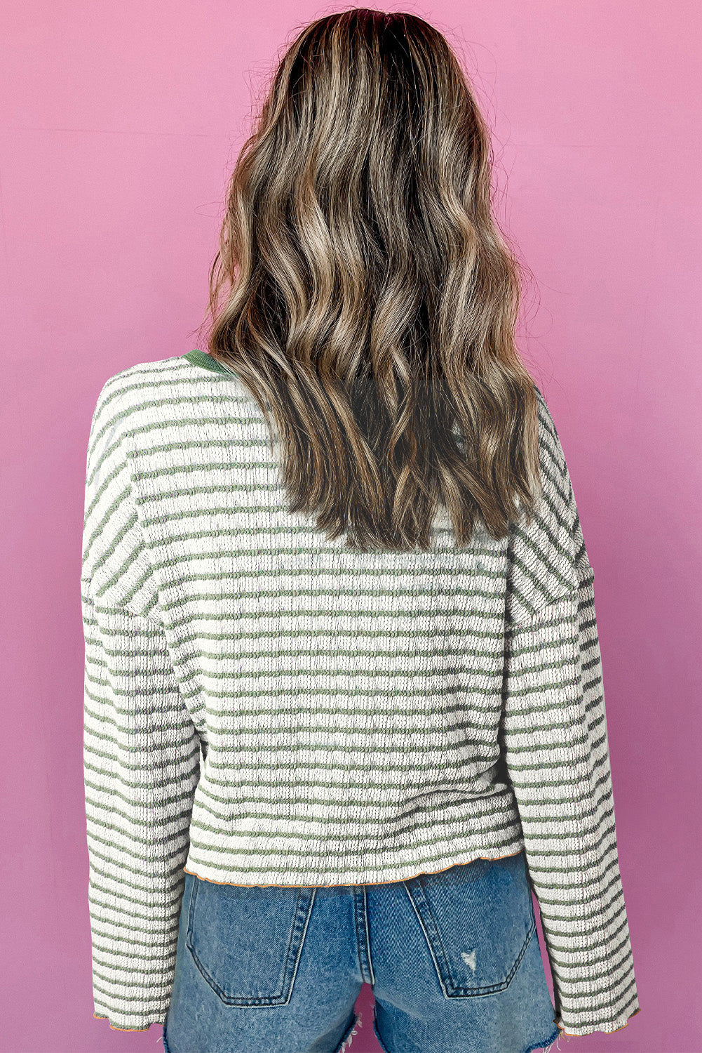 Striped Textured Frilly Trim Henley Long Sleeve Top