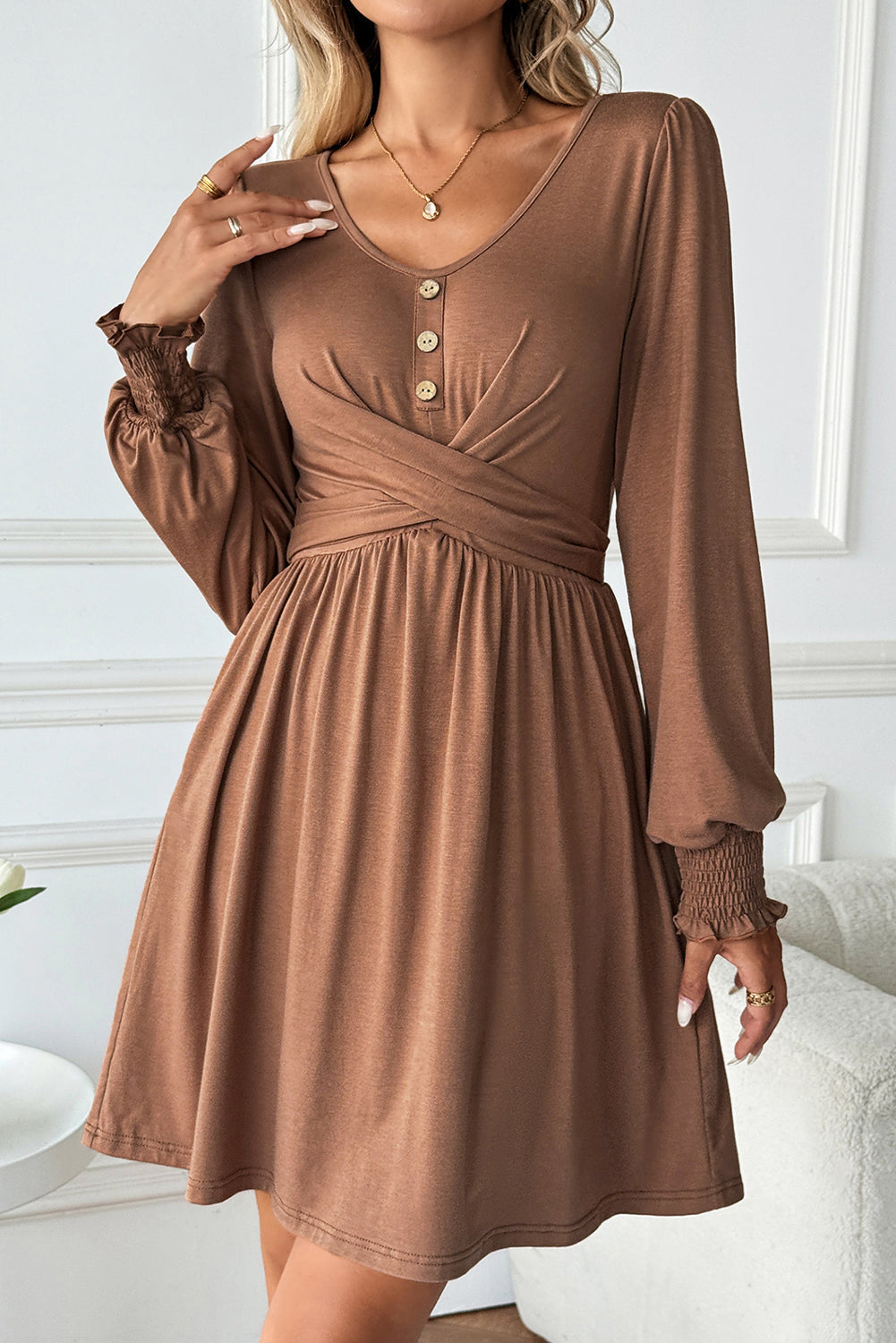 PRE-ORDER: Chestnut Shirred Cuff Mini Dress