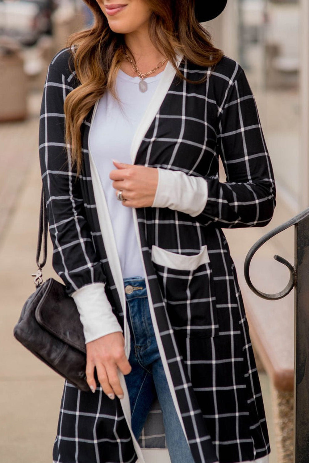 Black Plaid Colorblock Edge Cardigan with Pockets