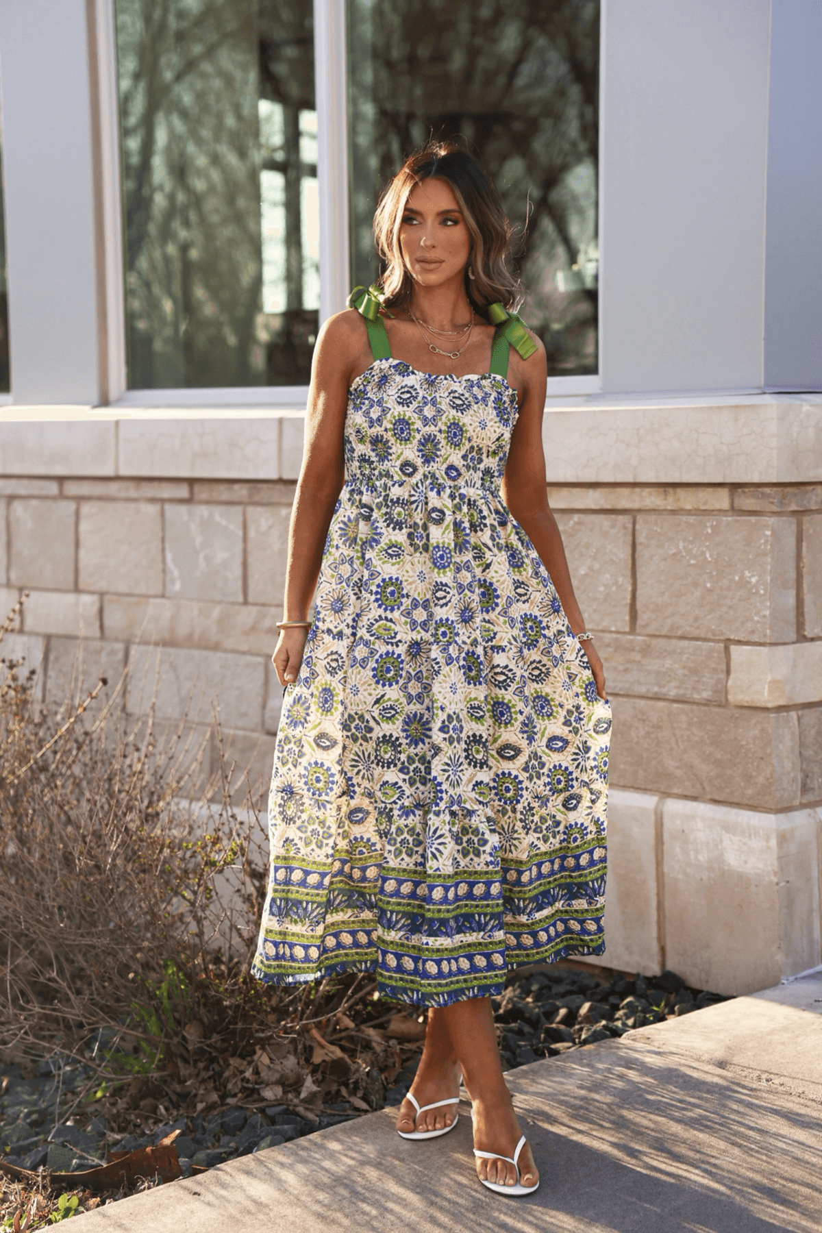 Green Mix Border Print Ribbon Strap Maxi Dress - FINAL SALE
