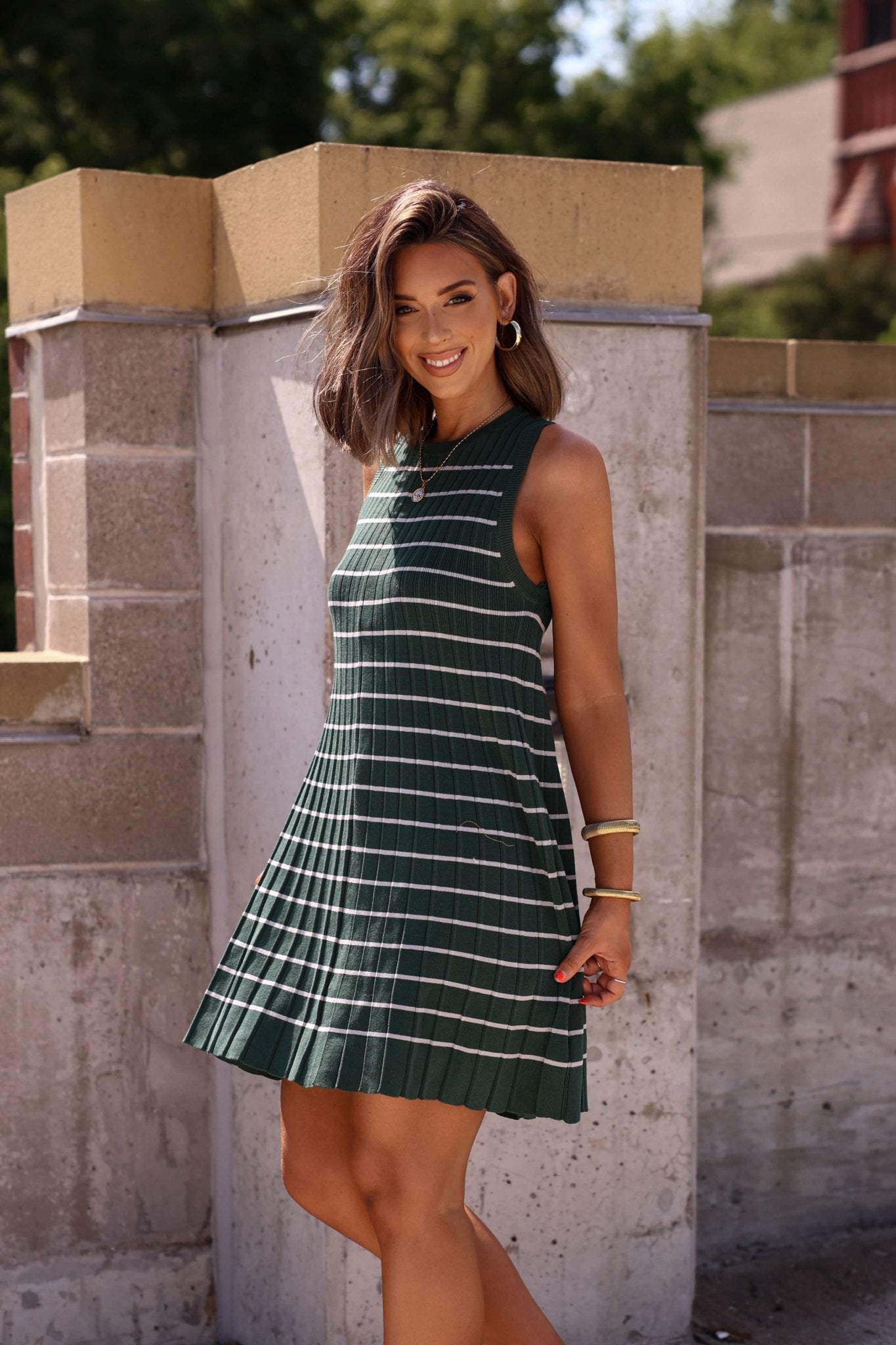 Green Stripe Pleated Mini Dress