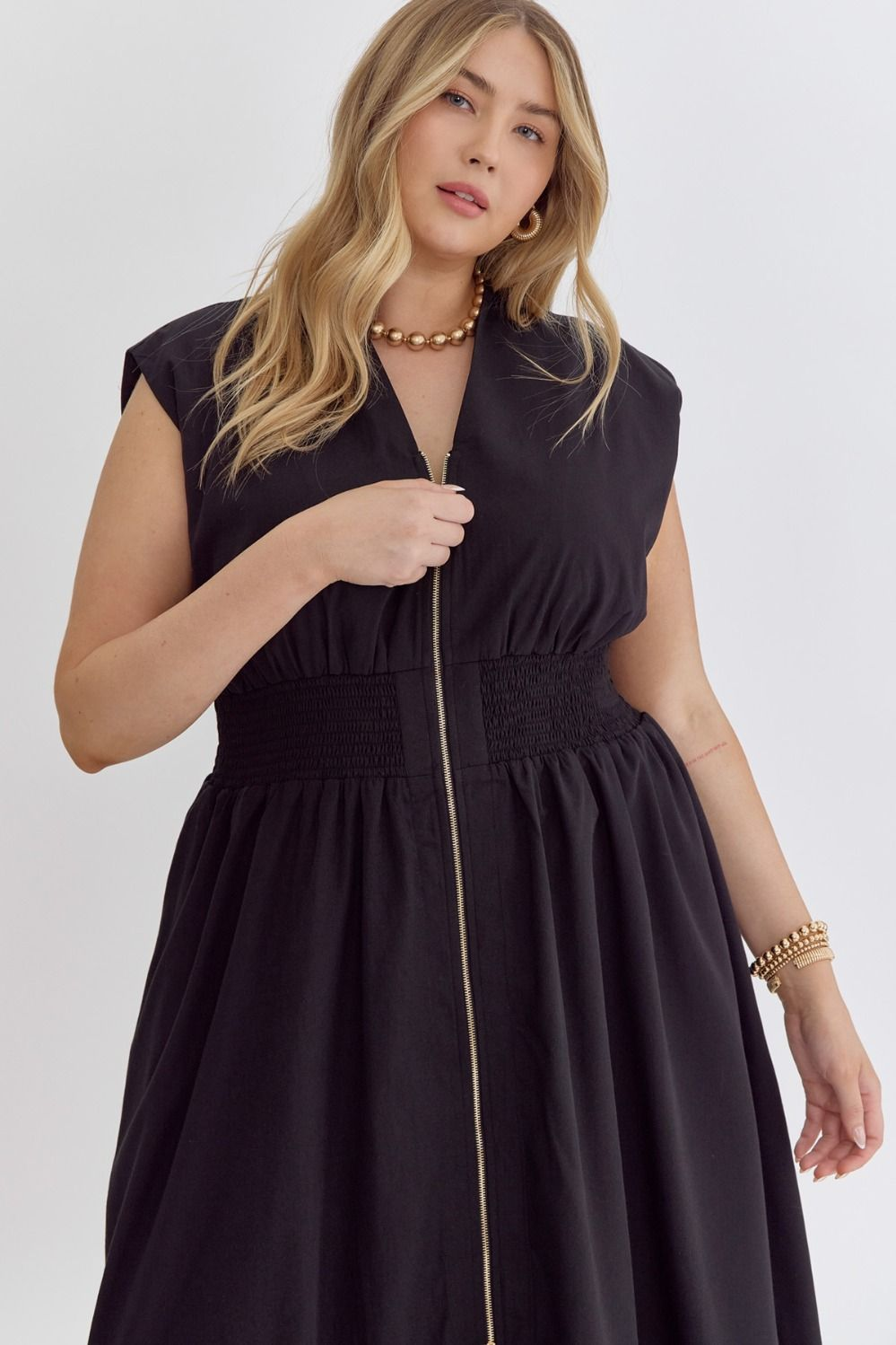 Solid V-Neck Sleeveless Dual Zipper Midi Dress