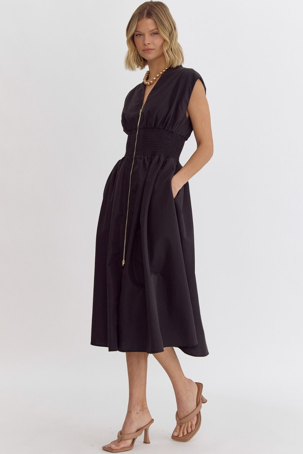 Solid V-Neck Sleeveless Dual Zipper Midi Dress