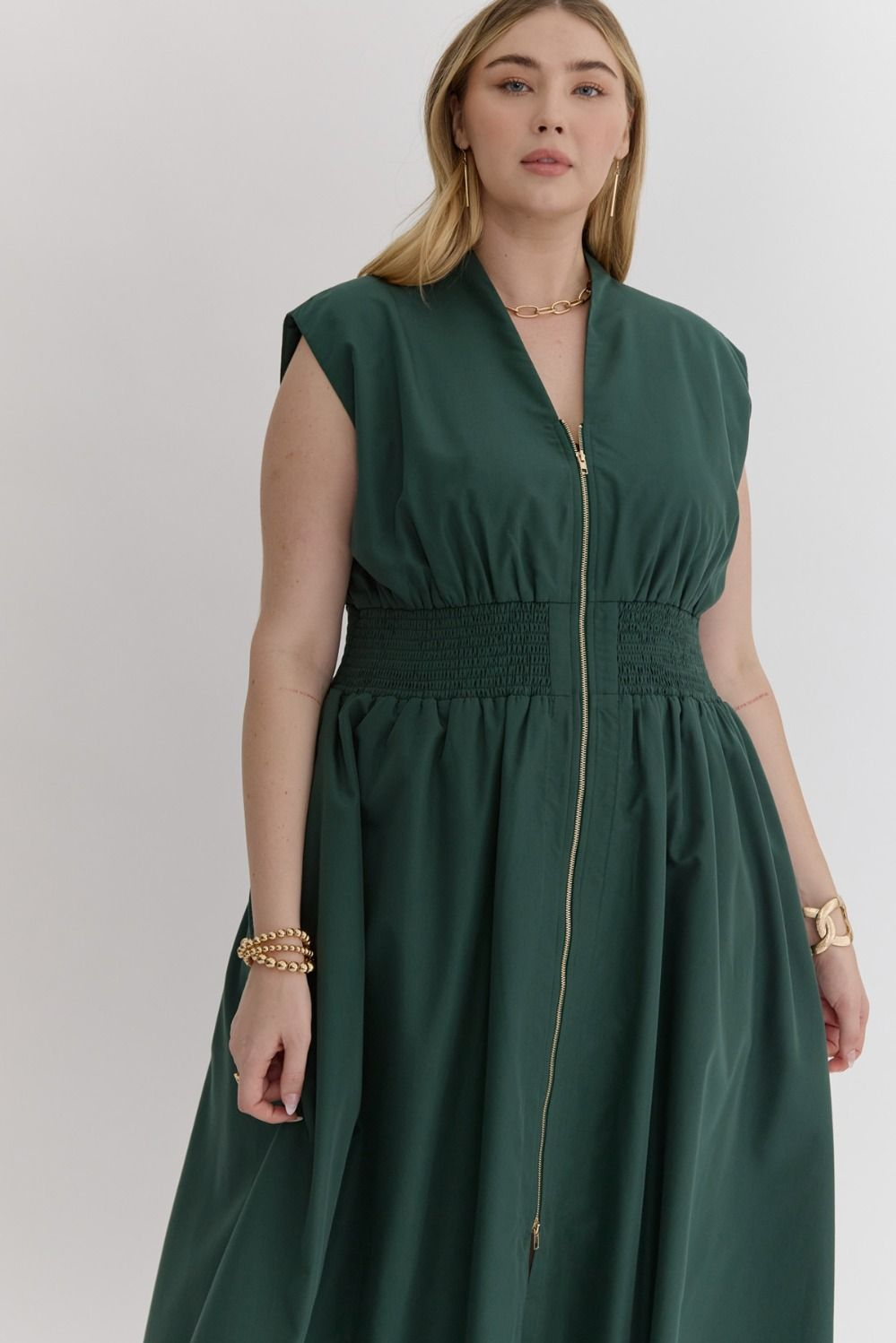 Solid V-Neck Sleeveless Dual Zipper Midi Dress