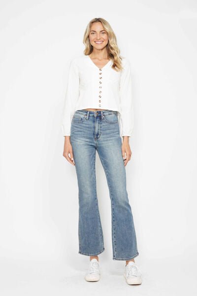 Curvy - Tummy Control Back Embroidered Pocketed Bootcut Jeans