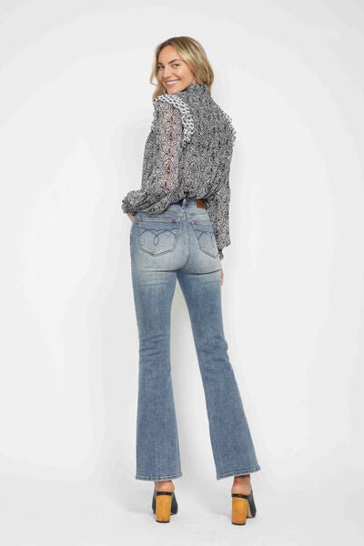 Curvy - Tummy Control Back Embroidered Pocketed Bootcut Jeans