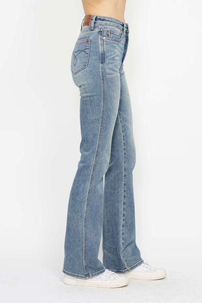 Curvy - Tummy Control Back Embroidered Pocketed Bootcut Jeans