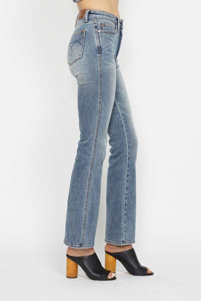 Curvy - Tummy Control Back Embroidered Pocketed Bootcut Jeans