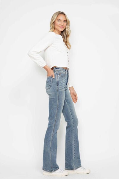 Curvy - Tummy Control Back Embroidered Pocketed Bootcut Jeans