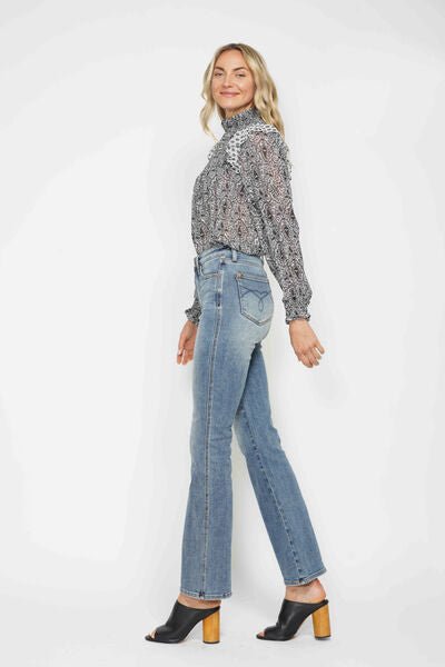 Curvy - Tummy Control Back Embroidered Pocketed Bootcut Jeans
