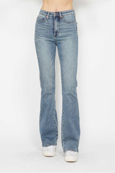 Curvy - Tummy Control Back Embroidered Pocketed Bootcut Jeans