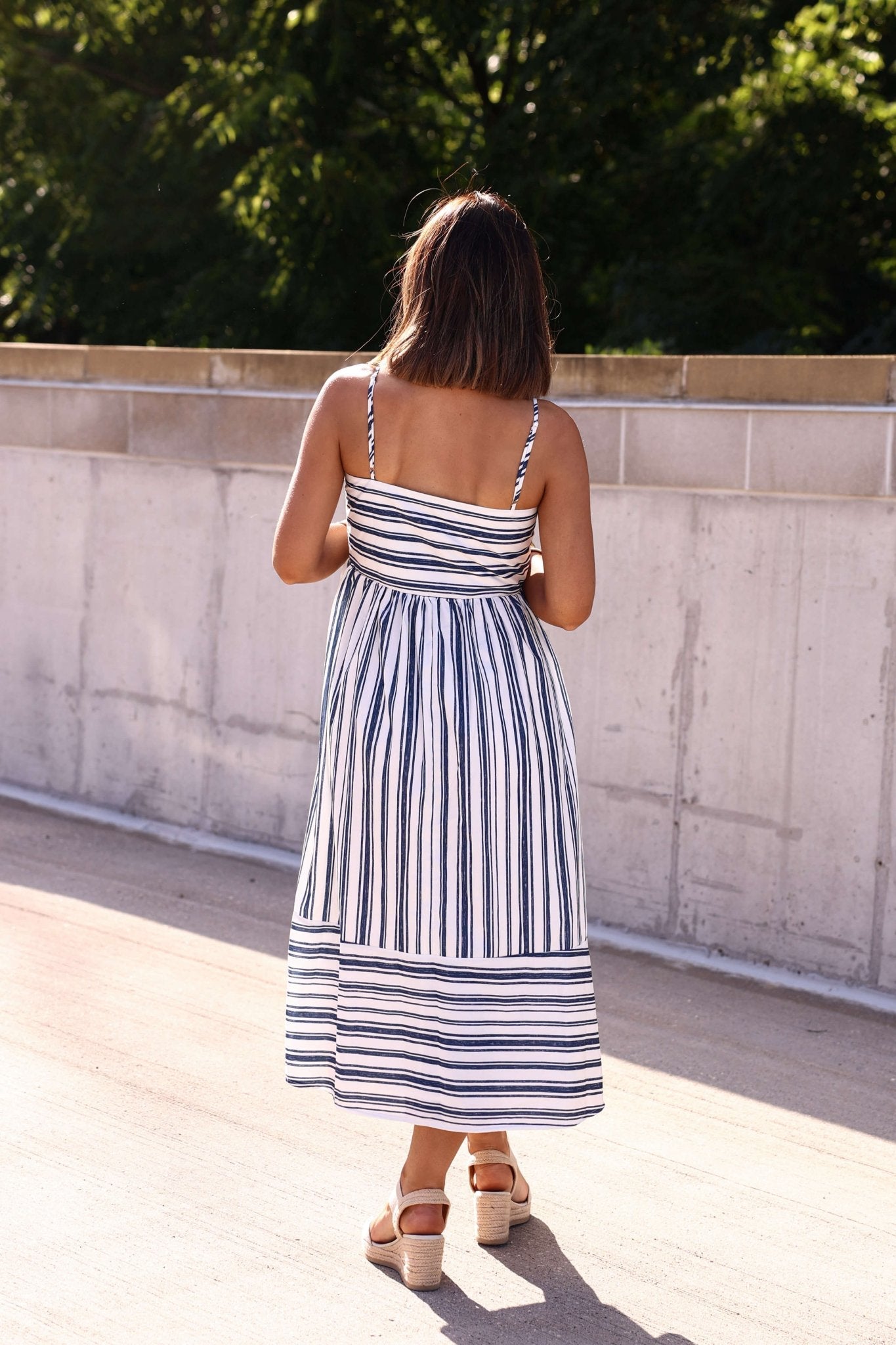 Navy and White Striped Tie Front Midi Dress