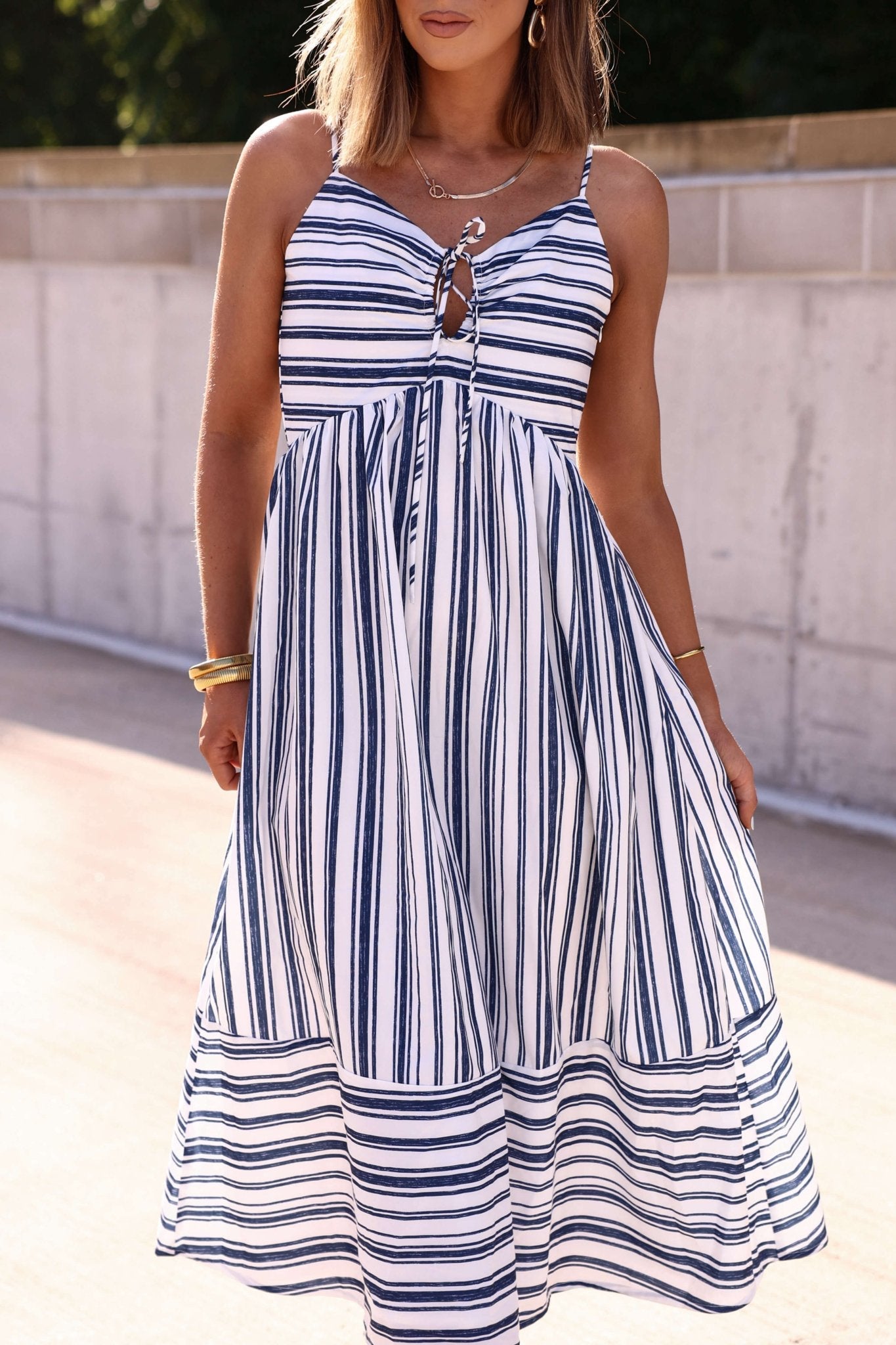 Navy and White Striped Tie Front Midi Dress
