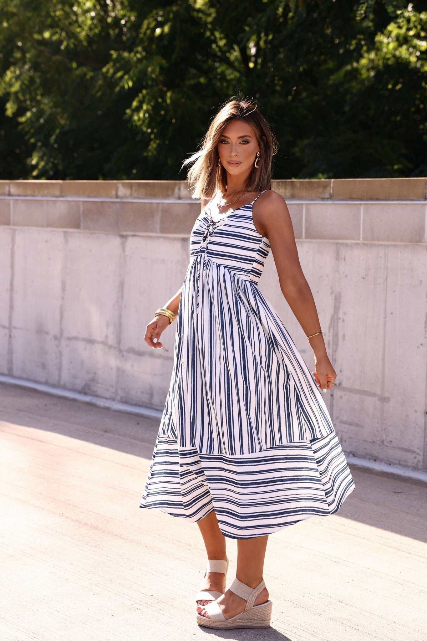 Navy and White Striped Tie Front Midi Dress