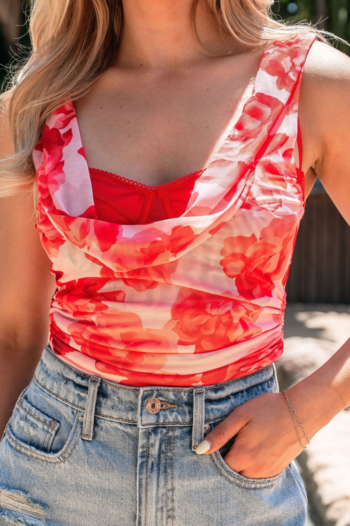 Red Floral Mesh Built-in-Bra Top