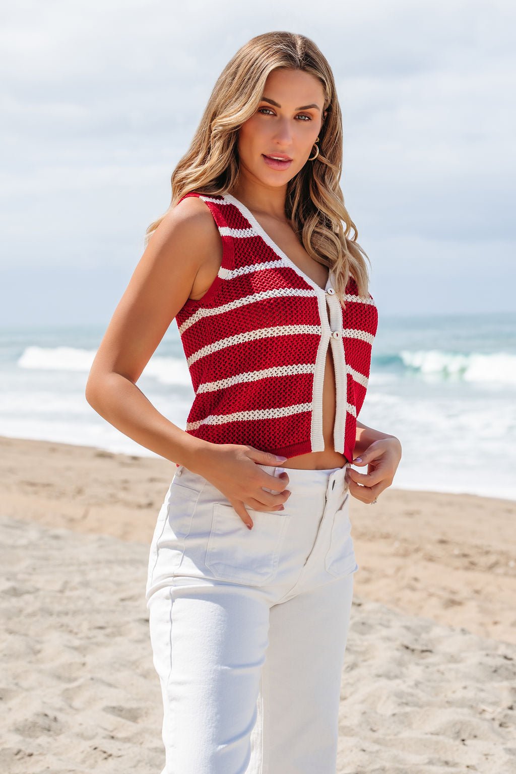 Red Striped Contrast Button Front Vest
