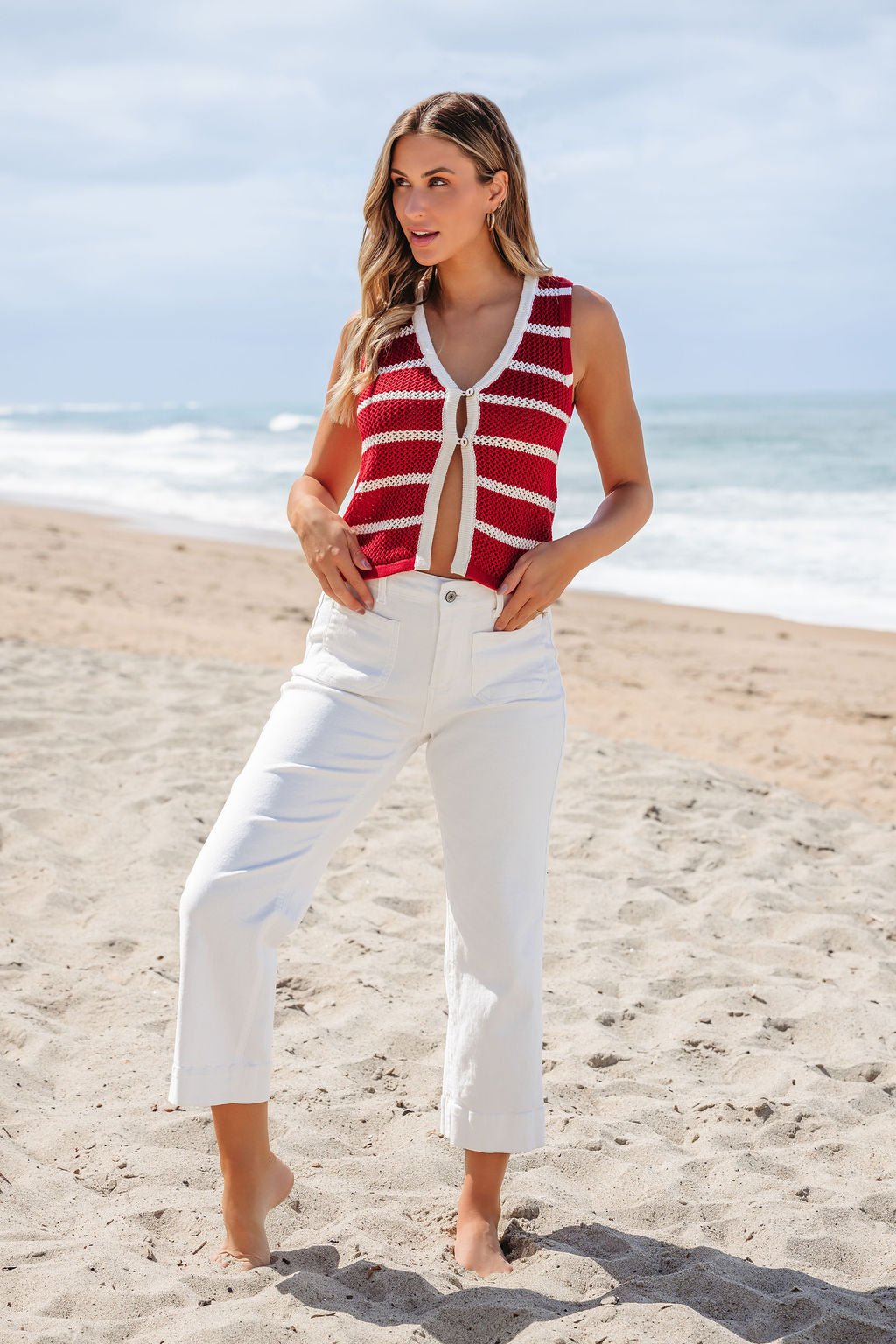 Red Striped Contrast Button Front Vest