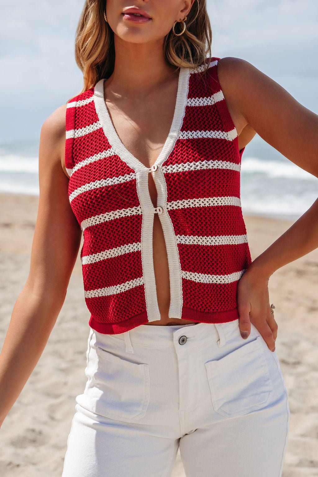 Red Striped Contrast Button Front Vest