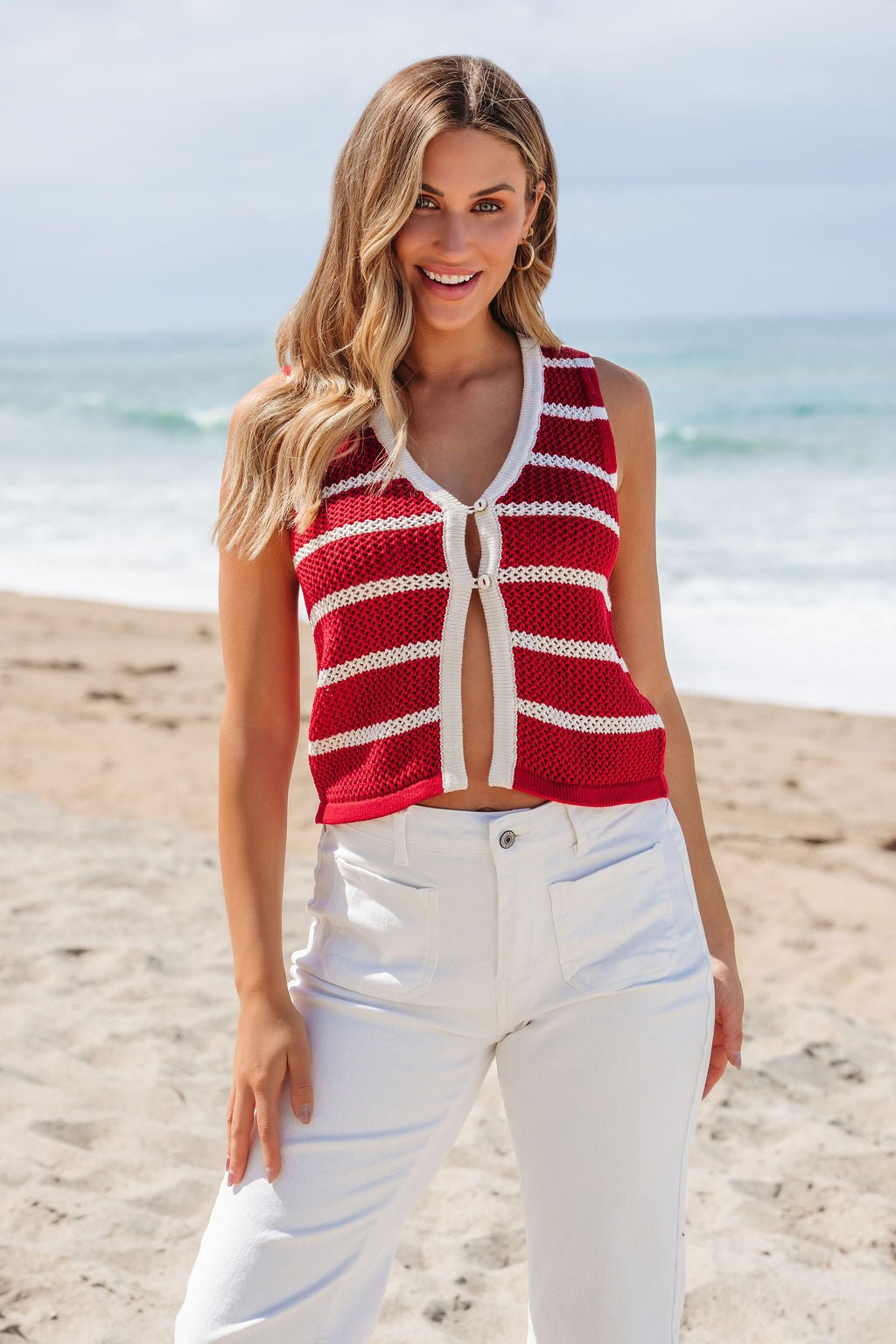 Red Striped Contrast Button Front Vest