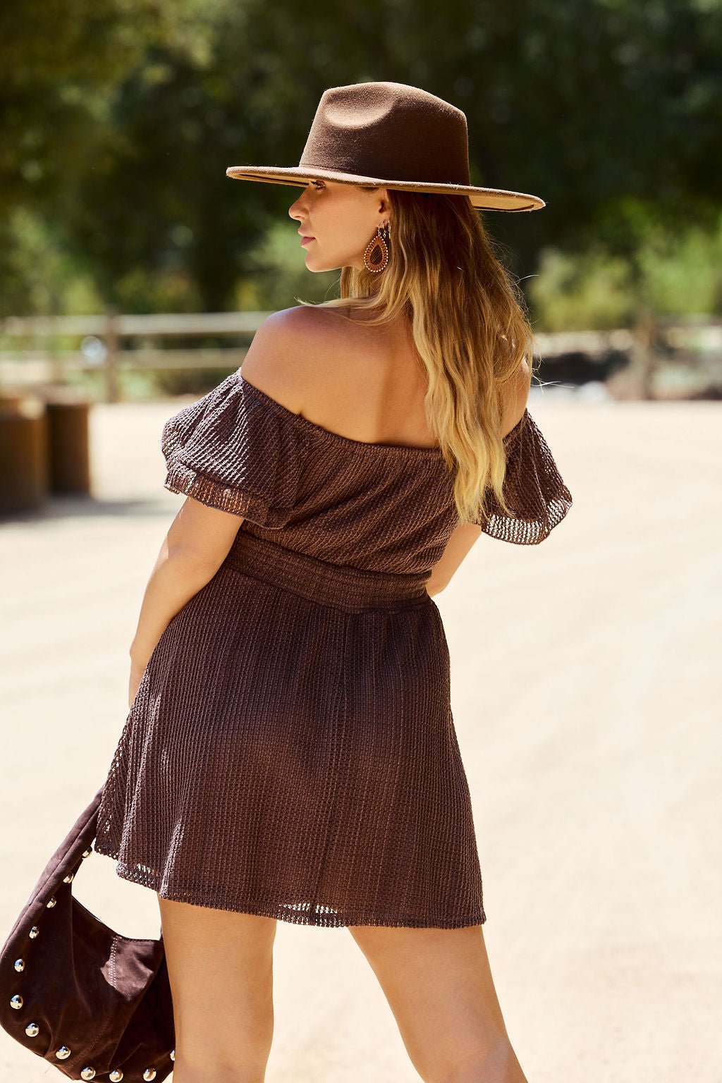 Sierra Valley Off The Shoulder Mini Dress - Brown - FINAL SALE