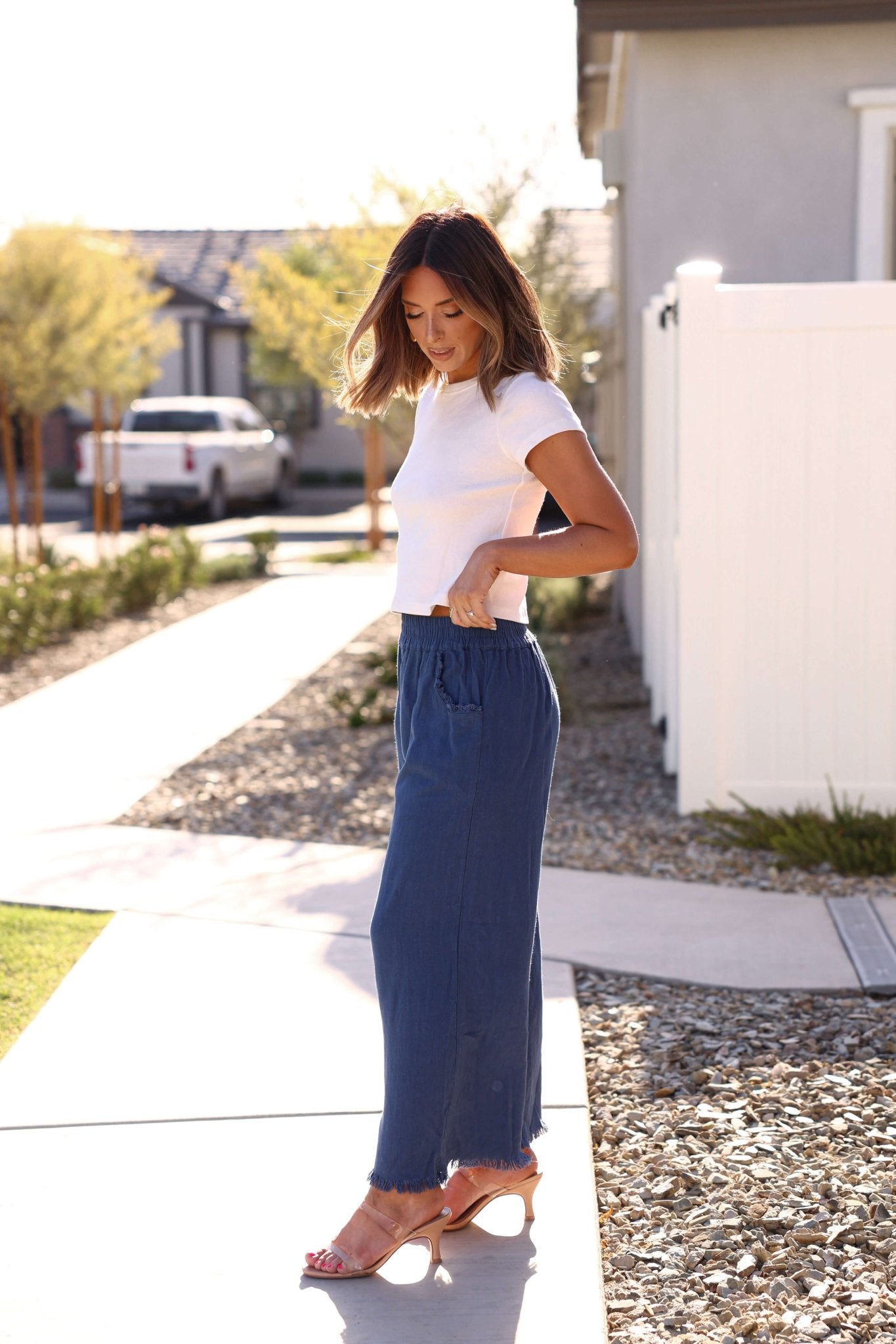 Slate Blue Frayed Linen Wide Leg Pants
