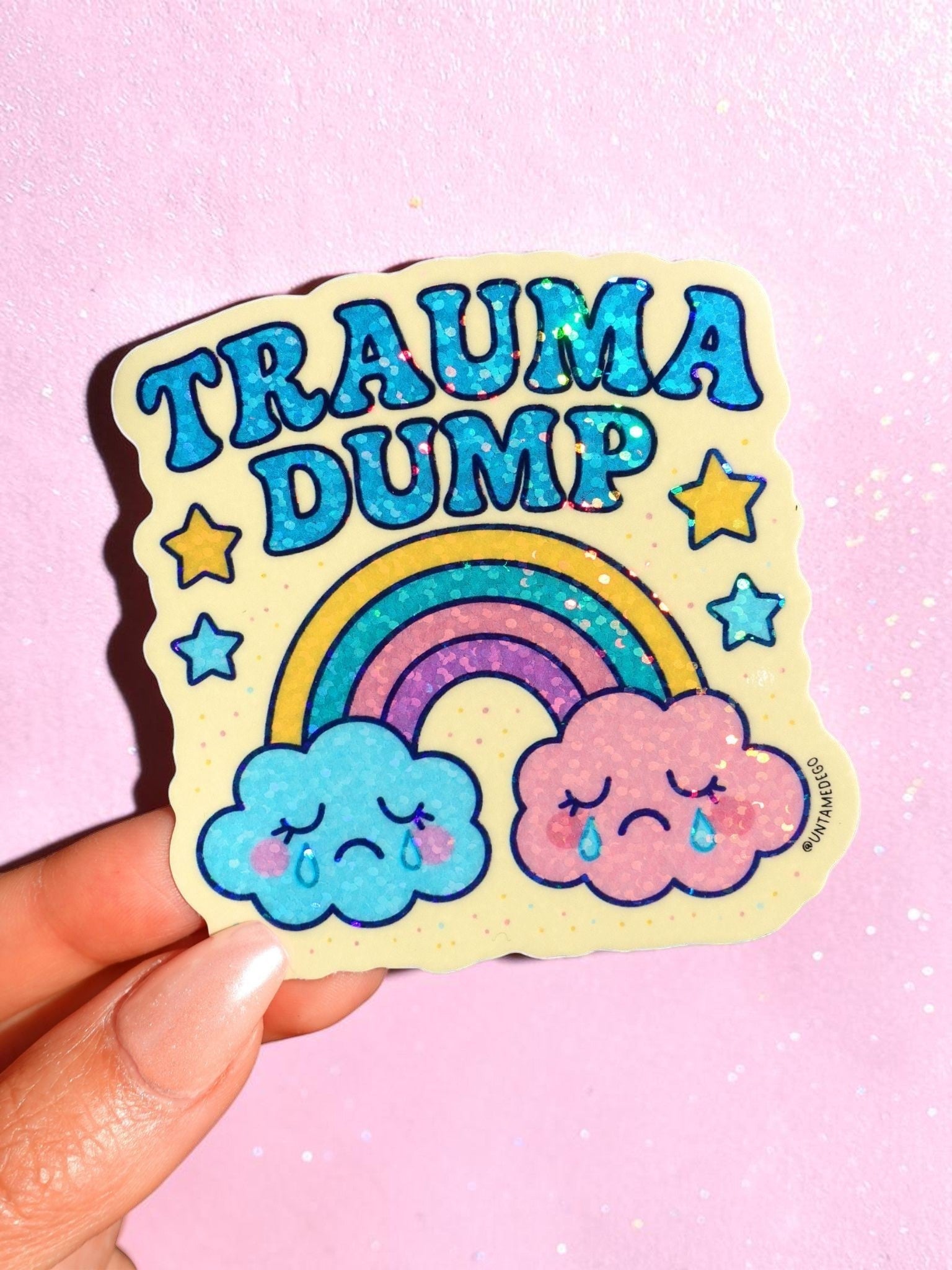 Trauma Dump Sticker – Funny Mental Health- Glitter Rainbow Cloud Vinyl Sticker