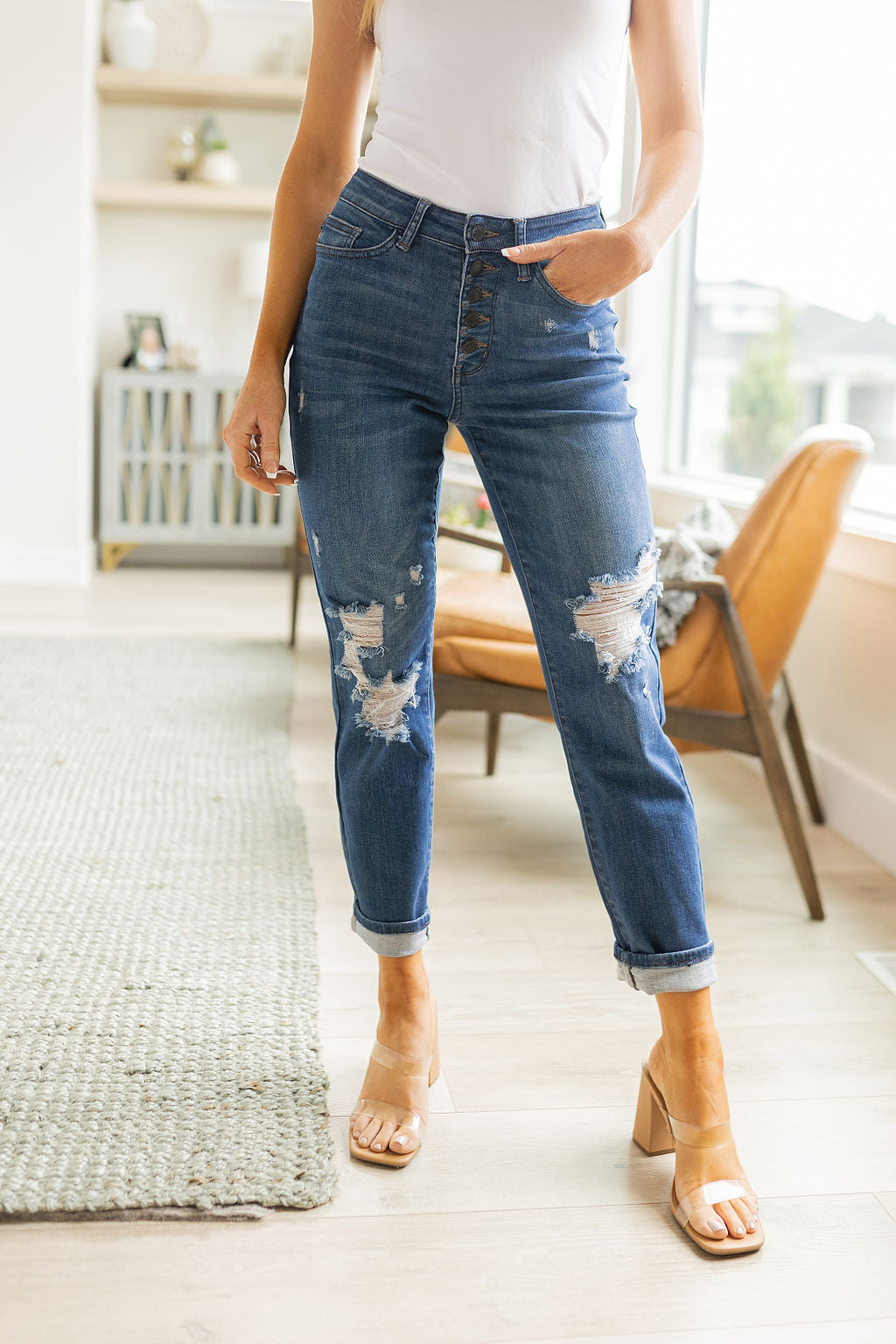 High Rise Button Fly Distressed Boyfriend Jeans