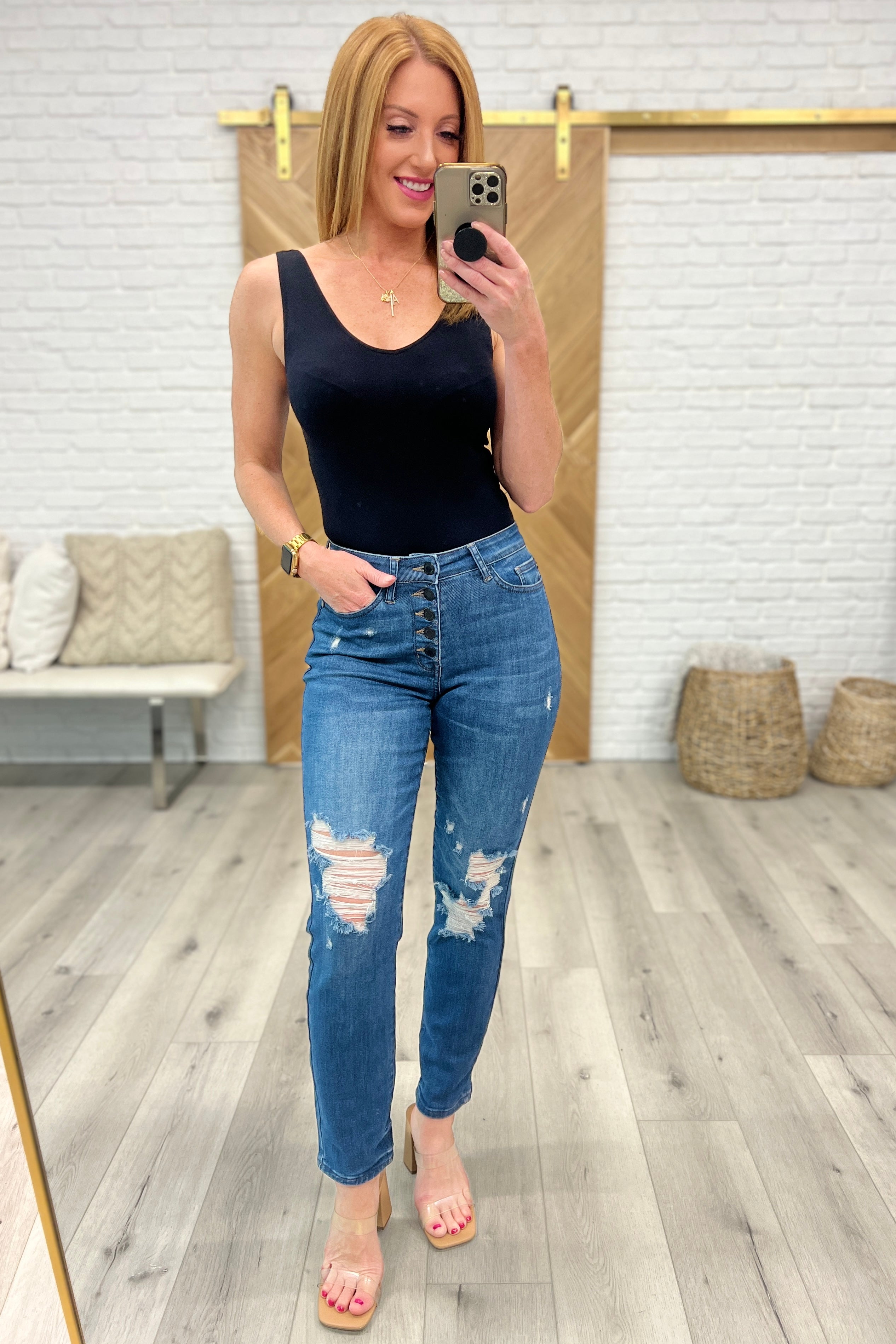High Rise Button Fly Distressed Boyfriend Jeans